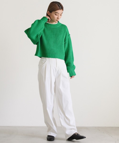 select MOCA(セレクトモカ)の「クルーネックリンキングデザインショートニット(ニット/セーター・レディース・ブルー/ピンク/グリーン/オレンジ・FREE)」の6枚目の写真