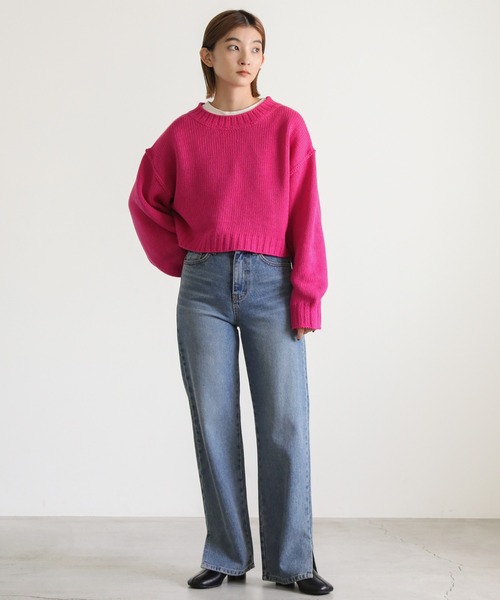 select MOCA(セレクトモカ)の「クルーネックリンキングデザインショートニット(ニット/セーター・レディース・ブルー/ピンク/グリーン/オレンジ・FREE)」の7枚目の写真