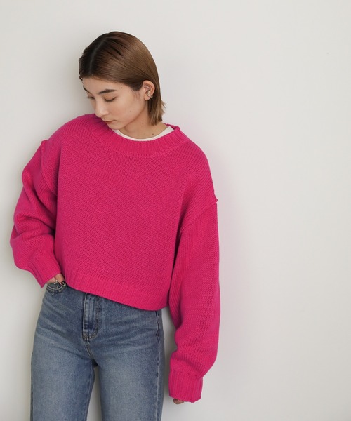select MOCA(セレクトモカ)の「クルーネックリンキングデザインショートニット(ニット/セーター・レディース・ブルー/ピンク/グリーン/オレンジ・FREE)」の18枚目の写真