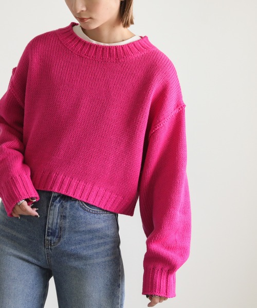 select MOCA(セレクトモカ)の「クルーネックリンキングデザインショートニット(ニット/セーター・レディース・ブルー/ピンク/グリーン/オレンジ・FREE)」の19枚目の写真