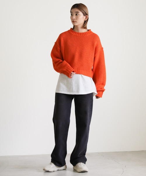 select MOCA(セレクトモカ)の「クルーネックリンキングデザインショートニット(ニット/セーター・レディース・ブルー/ピンク/グリーン/オレンジ・FREE)」の5枚目の写真