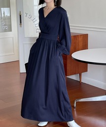 ボリュームスリーブカシュクールロングワンピース