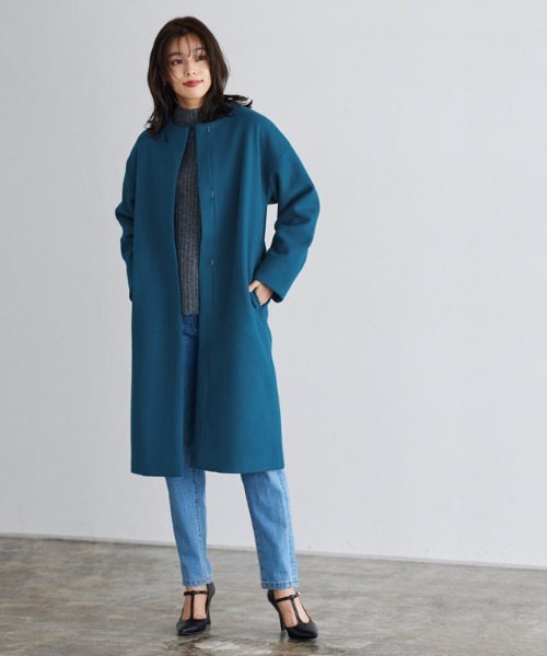 Pierrot（ピエロ）の「メルトンノーカラーコート（ノーカラーコート・レディース・パープル/ブルー/アイボリー/ライトグレー/ネイビー/杢グレー/インディゴブルー/オフホワイト/モカ/ブラック・M/L/S）」の12枚目の写真