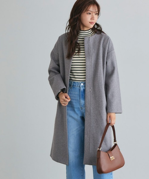 Pierrot（ピエロ）の「メルトンノーカラーコート（ノーカラーコート・レディース・パープル/ブルー/アイボリー/ライトグレー/ネイビー/杢グレー/インディゴブルー/オフホワイト/モカ/ブラック・M/L/S）」の13枚目の写真