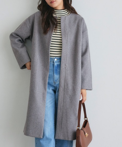 Pierrot（ピエロ）の「メルトンノーカラーコート（ノーカラーコート・レディース・パープル/ブルー/アイボリー/ライトグレー/ネイビー/杢グレー/インディゴブルー/オフホワイト/モカ/ブラック・M/L/S）」の14枚目の写真