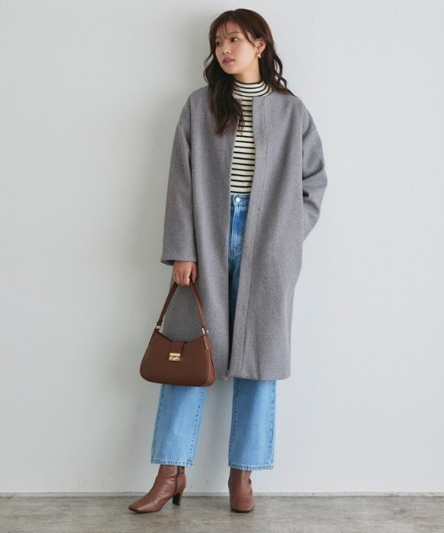 Pierrot（ピエロ）の「メルトンノーカラーコート（ノーカラーコート・レディース・パープル/ブルー/アイボリー/ライトグレー/ネイビー/杢グレー/インディゴブルー/オフホワイト/モカ/ブラック・M/L/S）」の16枚目の写真