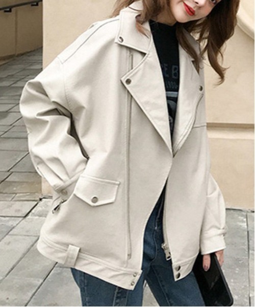 Dream garden(ドリームガーデン)の「0's 合成革ライダースジャケット(ライダースジャケット・レディース・ブラック/アイボリー・MEDIUM/LARGE)」の2枚目の写真