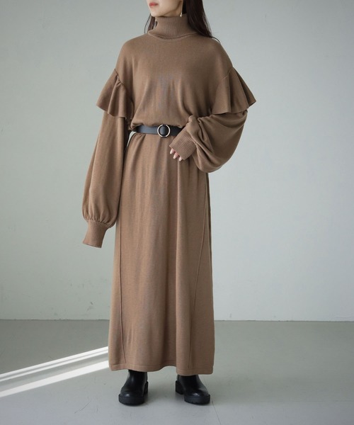 cheriella（シェリエラ）の「【cheriella】【WEB限定】ベルト付きマルチ丈肩フリルニットワンピース/着丈調整自由（ワンピース・レディース・モカ/ブラック/カーキ・M）」の15枚目の写真