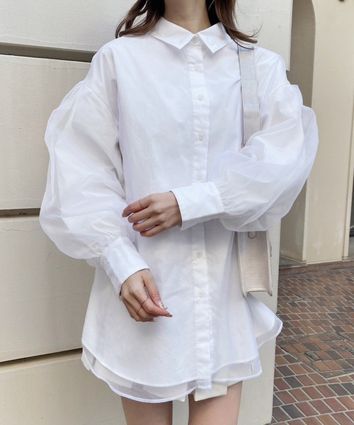 one after another NICE CLAUP(ワンアフターアナザーナイスクラップ)の「オーガンジーロングシャツ(シャツ/ブラウス・レディース・ホワイト/グレー/ホワイト系その他/ピンクベージュ・FREE)」の7枚目の写真