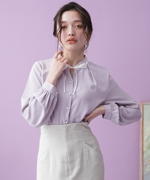 ASTORIA ODIER（アストリアオディール）の「グログランリボン配色ブラウス（シャツ/ブラウス・レディース・ラベンダー/ミント/ピンクベージュ/ホワイト/ベージュ・SMALL/MEDIUM）」の4枚目の写真