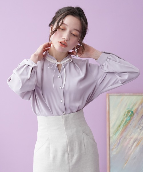 ASTORIA ODIER（アストリアオディール）の「グログランリボン配色ブラウス（シャツ/ブラウス・レディース・ラベンダー/ミント/ピンクベージュ/ホワイト/ベージュ・SMALL/MEDIUM）」の11枚目の写真