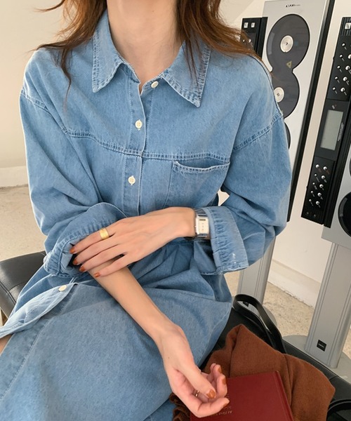 セール】レディース 長袖デニムシャツワンピース+腰紐 2点セット