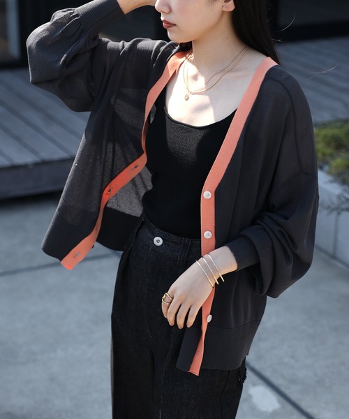 COMMRE（コムル）の「シアーVネックニットカーディガン（カーディガン/ボレロ・レディース・ベージュ/ライム/オレンジ/チャコールグレー・FREE）」の5枚目の写真