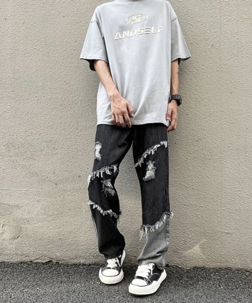 .KOM（ドットコム）の「『.KOM/ドットケーオーエム』フリンジ切り替えルーズデニムパンツ【Y】【CN】（デニムパンツ・メンズ・ブラック・L/XL）」の3枚目の写真