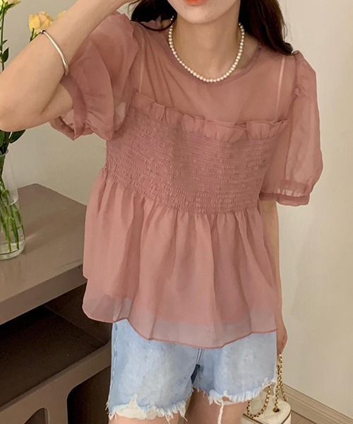 FREE STYLISTS(フリー スタイリスト)の「YUGA_YGMC シアー ベアトップドッキングブラウス(シャツ/ブラウス・レディース・グリーン/ピンク/オフホワイト/ホワイト・FREE)」の1枚目の写真