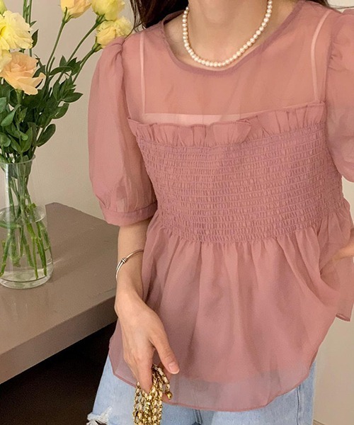 FREE STYLISTS(フリー スタイリスト)の「YUGA_YGMC シアー ベアトップドッキングブラウス(シャツ/ブラウス・レディース・グリーン/ピンク/オフホワイト/ホワイト・FREE)」の12枚目の写真
