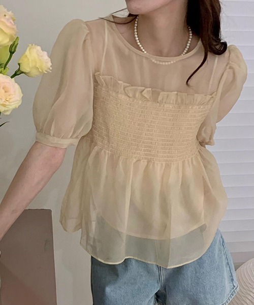 FREE STYLISTS(フリー スタイリスト)の「YUGA_YGMC シアー ベアトップドッキングブラウス(シャツ/ブラウス・レディース・グリーン/ピンク/オフホワイト/ホワイト・FREE)」の8枚目の写真