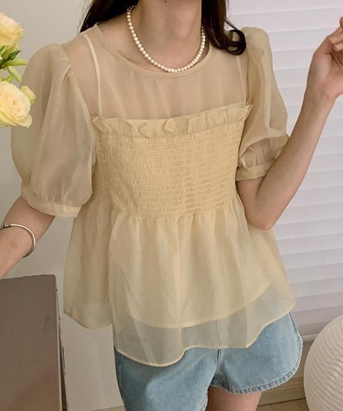 FREE STYLISTS(フリー スタイリスト)の「YUGA_YGMC シアー ベアトップドッキングブラウス(シャツ/ブラウス・レディース・グリーン/ピンク/オフホワイト/ホワイト・FREE)」の18枚目の写真