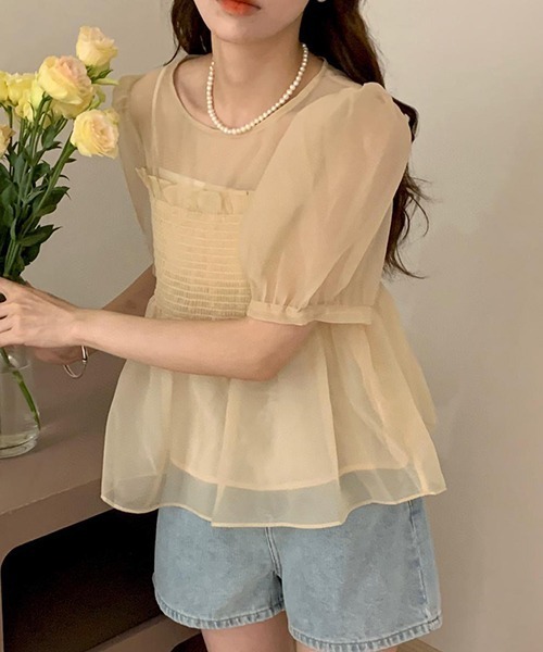 FREE STYLISTS(フリー スタイリスト)の「YUGA_YGMC シアー ベアトップドッキングブラウス(シャツ/ブラウス・レディース・グリーン/ピンク/オフホワイト/ホワイト・FREE)」の15枚目の写真