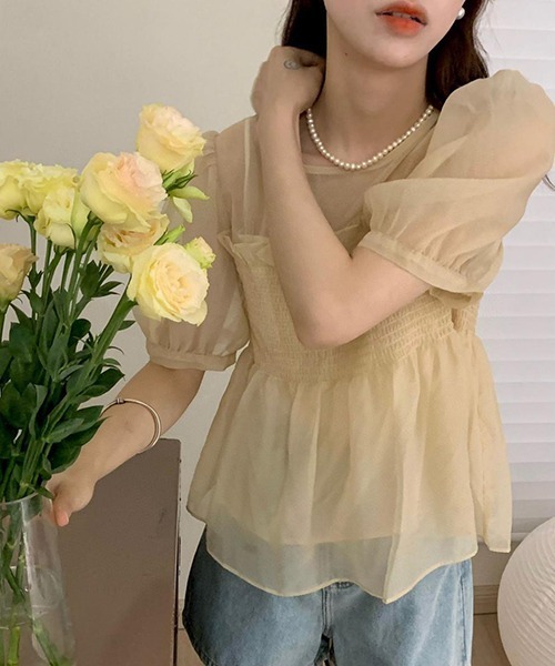 FREE STYLISTS(フリー スタイリスト)の「YUGA_YGMC シアー ベアトップドッキングブラウス(シャツ/ブラウス・レディース・グリーン/ピンク/オフホワイト/ホワイト・FREE)」の7枚目の写真