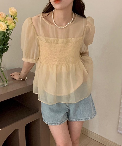 FREE STYLISTS(フリー スタイリスト)の「YUGA_YGMC シアー ベアトップドッキングブラウス(シャツ/ブラウス・レディース・グリーン/ピンク/オフホワイト/ホワイト・FREE)」の21枚目の写真