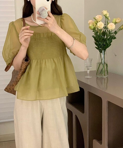 FREE STYLISTS(フリー スタイリスト)の「YUGA_YGMC シアー ベアトップドッキングブラウス(シャツ/ブラウス・レディース・グリーン/ピンク/オフホワイト/ホワイト・FREE)」の11枚目の写真