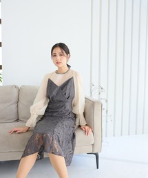 カシュクール風パーティドレスセレモニー ミモレ丈&袖あり 結婚式 フォーマル オケージョンドレス お呼ばれ ビスチェ 二次会 成人式 