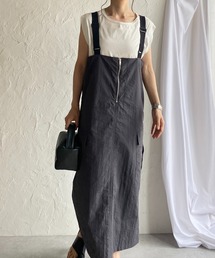 フロントジップハイウエストロングミリタリージャンパースカートワンピース