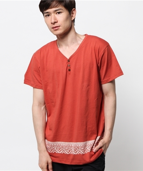 チャイハネ（チャイハネ）の「【チャイハネ】トライバル柄MEN'S VネックTシャツ（Tシャツ/カットソー・メンズ・ホワイト/オレンジ/イエロー/ブラック/カーキ/ネイビー/ブラウン・FREE）」の20枚目の写真