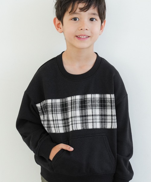 coca(coca)(コカ)の「キッズ 裏毛チェック使いトップス(スウェット・キッズ・チャコール/ブラック・110/120/130/140)」の1枚目の写真