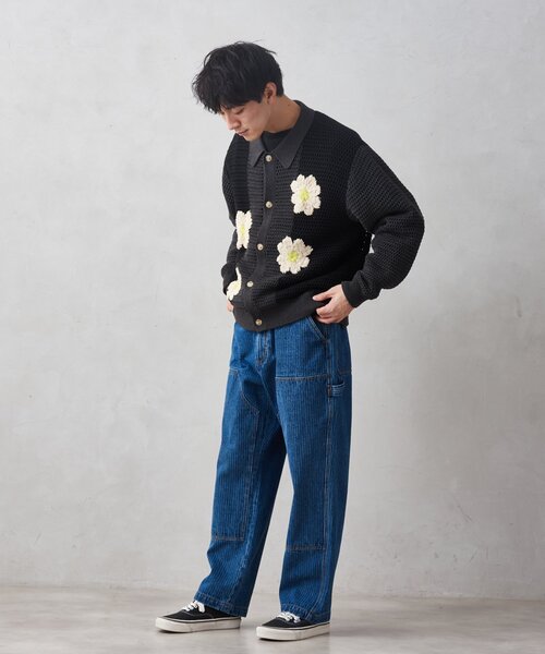 CALIFORNIA クロシェアミ ニットカーディガン サックスブルー　L CALIFORNIA クロシェアミ ニットカーディガン EMB FLOWER