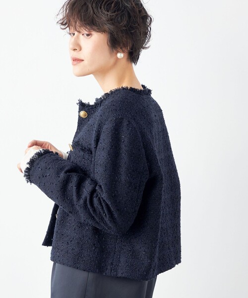 NOLLEY’S(ノーリーズ)の「BISHU JAPAN コットンフラッグツイードクルーネックジャケット(ノーカラージャケット・レディース・ネイビー/アイボリー・36/38)」の21枚目の写真