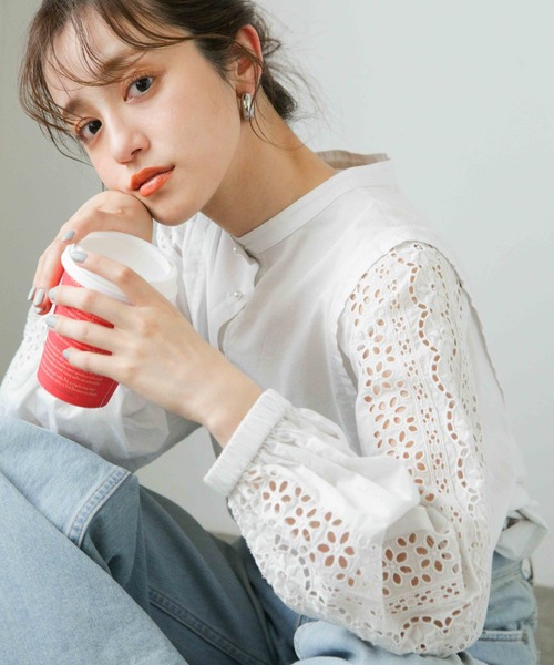 NANO universe（ナノユニバース）の「【追加生産】レースお花刺繍2WAYパール釦ブラウス（シャツ/ブラウス・レディース・ホワイト/ブラック/ネイビー・FREE）」の5枚目の写真