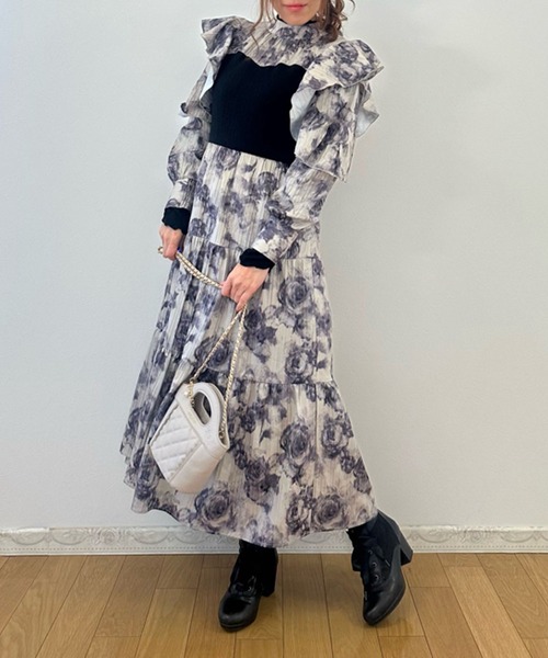 axes femmeグラデーションローズ柄ワンピース袖あり グラデーションローズ柄ワンピース | レディース服・レディース