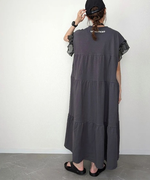 forksy.】ラメフリルスリーブ配色バックプリントワンピース forksy