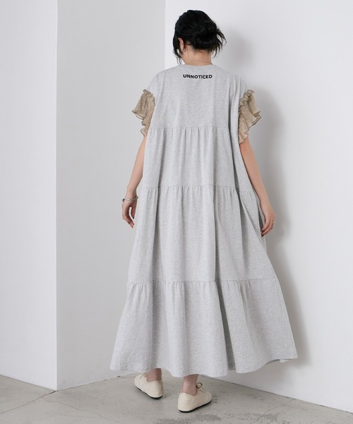 forksy.】ラメフリルスリーブ配色バックプリントワンピース