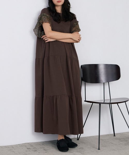 forksy.】ラメフリルスリーブ配色バックプリントワンピース