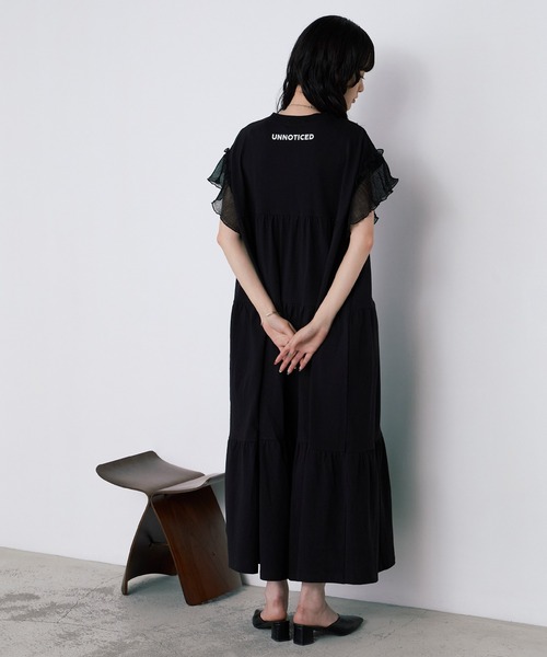 forksy.】ラメフリルスリーブ配色バックプリントワンピース