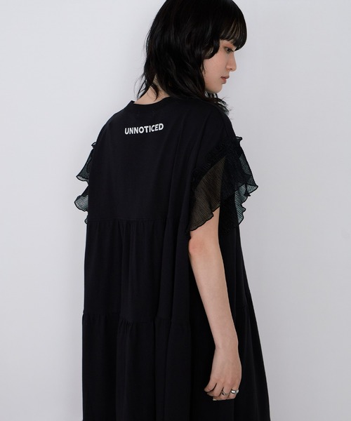 forksy.】ラメフリルスリーブ配色バックプリントワンピース