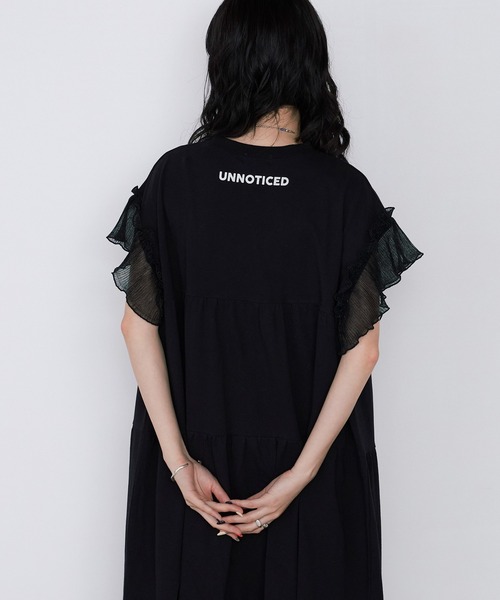 forksy.】ラメフリルスリーブ配色バックプリントワンピース