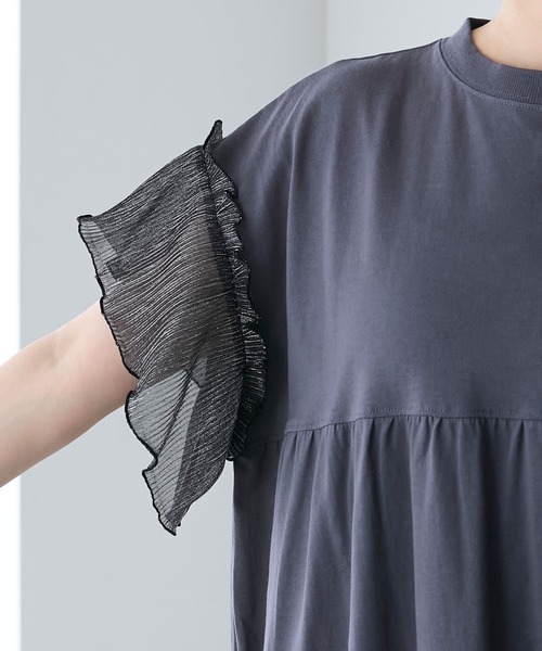 forksy.】ラメフリルスリーブ配色バックプリントワンピース forksy