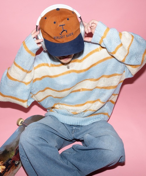 Perushu(ペルーシュ)の「ダメージルーズボーダーニット(ニット/セーター・メンズ・ライトブルー/ブラック/ネイビー・LARGE/MEDIUM)」の17枚目の写真