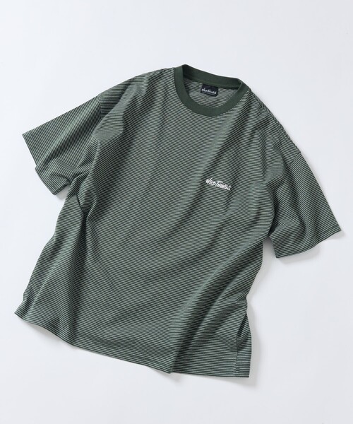 FREAK'S STORE（フリークスストア）の「限定展開 WILD THINGS×FREAK'S STORE/ワイルドシングス 別注 ビッグシルエット ワンポイント ロゴ刺繍 マイクロボーダーTシャツ（Tシャツ/カットソー・メンズ・ホワイト/ブラック/オリーブ/ネイビー・SMALL/MEDIUM/LARGE）」の17枚目の写真