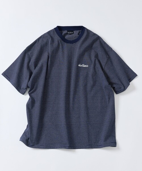 FREAK'S STORE（フリークスストア）の「限定展開 WILD THINGS×FREAK'S STORE/ワイルドシングス 別注 ビッグシルエット ワンポイント ロゴ刺繍 マイクロボーダーTシャツ（Tシャツ/カットソー・メンズ・ホワイト/ブラック/オリーブ/ネイビー・SMALL/MEDIUM/LARGE）」の14枚目の写真