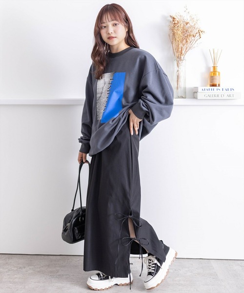 clear（クリア）の「【低身長用サイズ有】リボン付きスリットロングスカート[大人 カジュアル 着回し力抜群]≪再入荷≫（スカート・レディース・ブラック/カーキ/グレー・F/XS）」の7枚目の写真