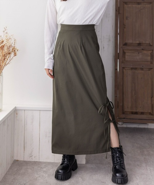 clear（クリア）の「【低身長用サイズ有】リボン付きスリットロングスカート[大人 カジュアル 着回し力抜群]≪再入荷≫（スカート・レディース・ブラック/カーキ/グレー・F/XS）」の19枚目の写真