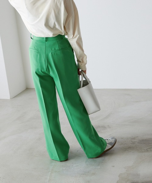 Time is on センタープレス スラックスパンツ　グリーン セール】【forksy.】センタープレスタックハイウエストストレート