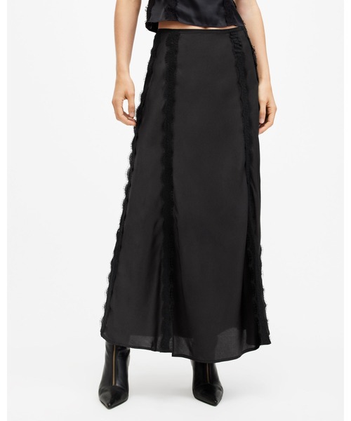 ALLSAINTS（オールセインツ）の「MORGAN SATIN LACE PANELLED MAXI SKIRT | MORGAN サテン レース パネル マキシ スカート（スカート・レディース・ブラック・4/8/6）」の2枚目の写真