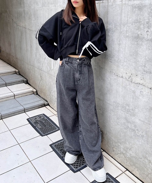 INGNI(イング)の「【WEB限定】袖リボンショートスウェットZIPパーカー(セットアップ対応)(パーカー・レディース・ブラック×ホワイト/グレー×ホワイト/ホワイト×ブラック・M)」の10枚目の写真