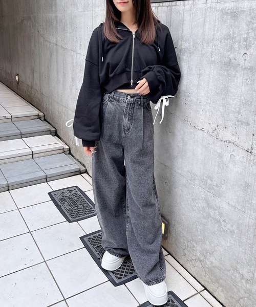 INGNI(イング)の「【WEB限定】袖リボンショートスウェットZIPパーカー(セットアップ対応)(パーカー・レディース・ブラック×ホワイト/グレー×ホワイト/ホワイト×ブラック・M)」の12枚目の写真